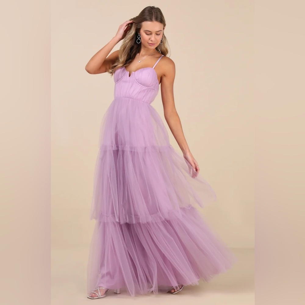 Lulu’s Unforgettable Poise Lilac Tulle Bustier Tiered Maxi Dress - size M